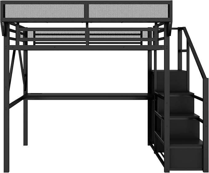 Mirightone Full Size Loft Bed with Desk and Light, Metal Loft Bed Frame with Stairs and Bedside Shelf, Tall Lofts Beds with Storage Shelves and Wardrobe for Kids Teens, Black