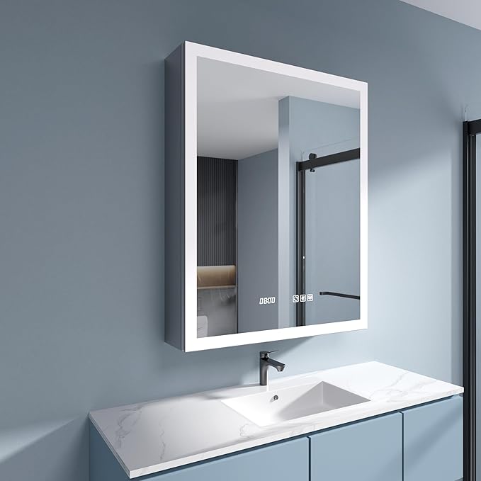 Edge LED Medicine Cabinet Mirror, 24x30 Inch Bathroom Storage, Recessed/Wall Mount, Plug-in/Hardwired, 3 Color Dimmable Light, Anti-Fog, Time Temp Display, Left Hinge