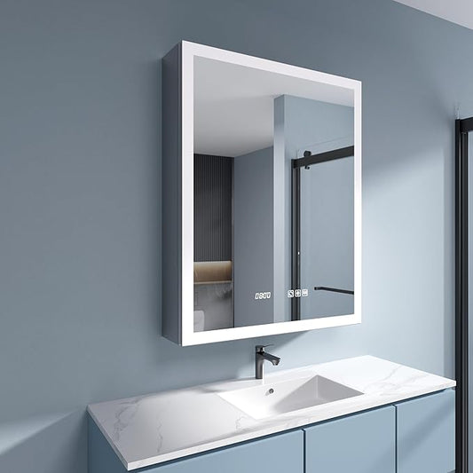 Edge LED Medicine Cabinet Mirror, 24x30 Inch Bathroom Storage, Recessed/Wall Mount, Plug-in/Hardwired, 3 Color Dimmable Light, Anti-Fog, Time Temp Display, Left Hinge