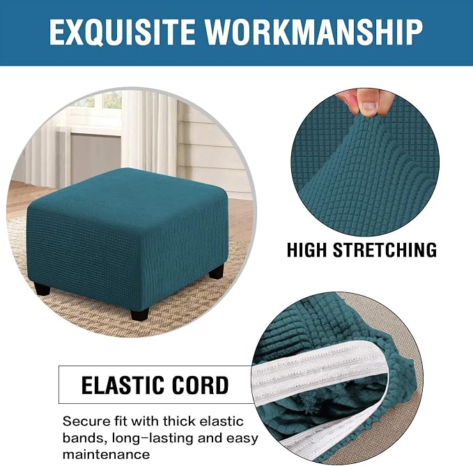 H.VERSAILTEX Square Ottoman Covers Ottoman Slipcovers Folding Storage Stool Furniture Protector Form Fit with Elastic Bottom, Stretch High Spandex Small Checks Jacquard Fabric(Medium,Deep Teal)