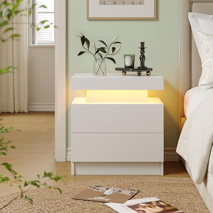 White LED Nightstand Modern Night Stand for Bedroom Bedside Table with 2 Wood Drawers End Side Table