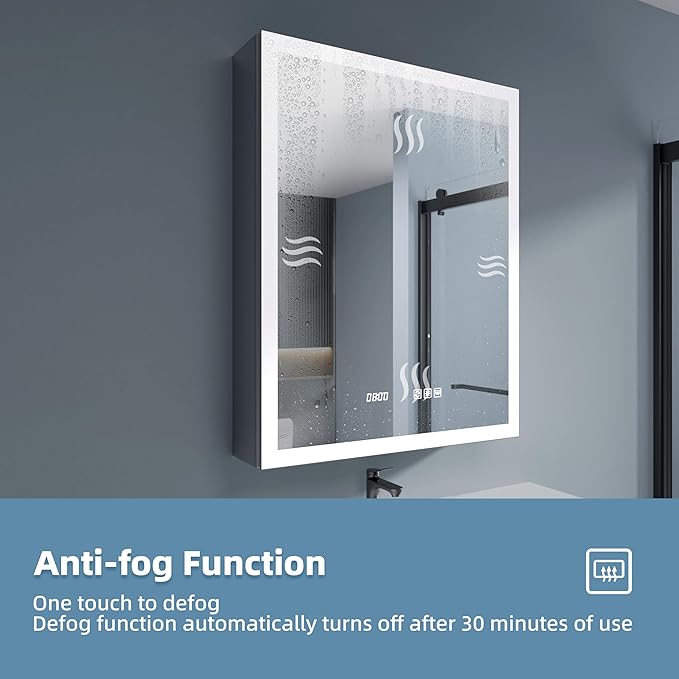 Edge LED Medicine Cabinet Mirror, 24x30 Inch Bathroom Storage, Recessed/Wall Mount, Plug-in/Hardwired, 3 Color Dimmable Light, Anti-Fog, Time Temp Display, Left Hinge