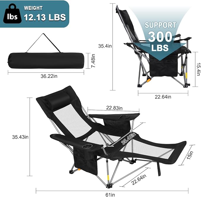 Romswi 2Pack 4-Position Reclining Camping Chair with Removable Footrest, 2-in-1 Adjustable Portable Lounge Chair with Cooler Bag, Cup Holder, Side Pockets & Carry Bag for Outdoor, Mesh Black
