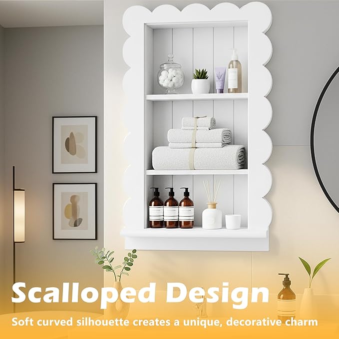 Royxen Bathroom Wall Cabinet with 3-Tier Shelves,Wooden Recessed Medicine Cabinet Over Toilet Storage Cabinet,Scalloped Large Medicine Cabinet Niche for Bathroom Storage Organizer,18 x 24 Inch, White