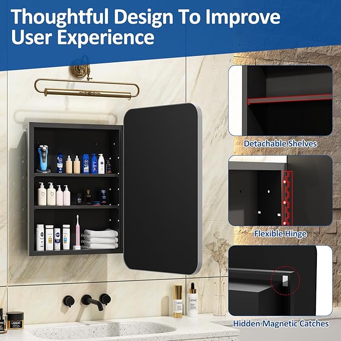 ACEMIRO 16x24 Inch Medicine Cabinet with Mirror Brushed Silver Metal Framed Recessed Bathroom Mirror Medicine Cabinet Wall Mounted