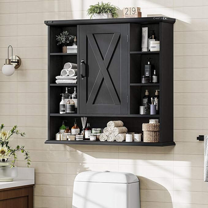Halitaa Bathroom Wall Cabinet, Farmhouse Medicine Cabinet with Adjustable Shelves and Barn Doors, Large Wall Mounted Over the Toilet Storage Cabinet for Bathroom, Laundry Room, Kitchen, Rustic Black