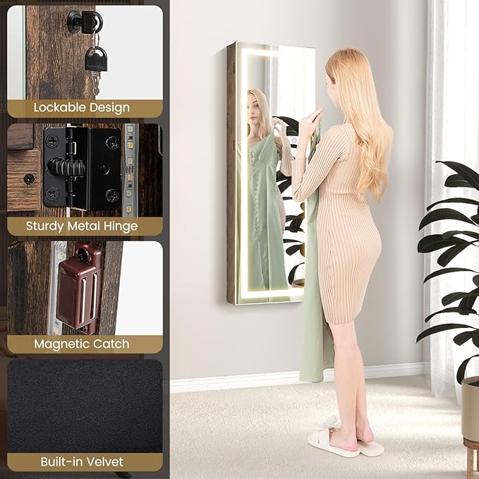CHARMAID LED Mirror Jewelry Cabinet, Lockable Jewelry Armoire with Adjustable Lighted Full Length Mirror, 3 Lighting Sets, Wall Mounted Door Hanging Jewelry Storage Organizer (Rustic Brown, 42.5''H)