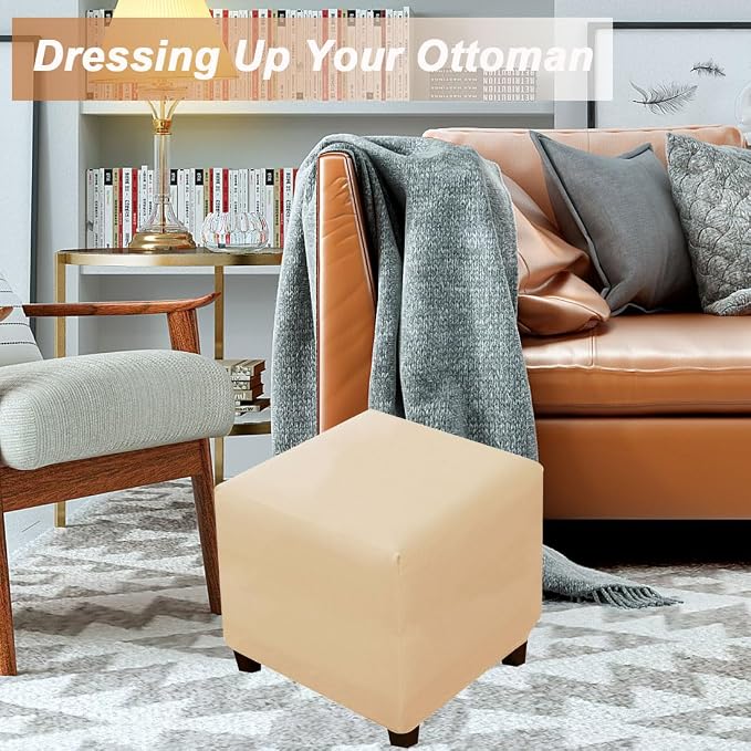 Waterproof Ottoman Cover Square Stretch PU Soft Folding Storage Ottoman Cover with Elastic Bottom Cube Footrest Foot Stool Slipcovers Machine Washable(Small/Beige)