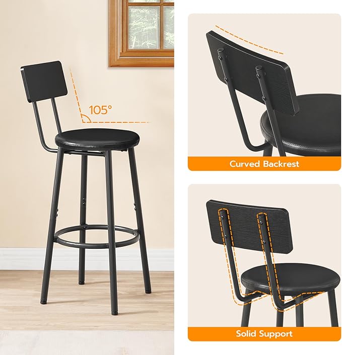 HOOBRO Bar Stools, Set of 2 Bar Stools with PU Upholstered, Bar Chairs with Footrest and Back, 26" Bar Stools for Kitchen Island, Dining Room, Easy to Assemble, Black BK31BY01G2