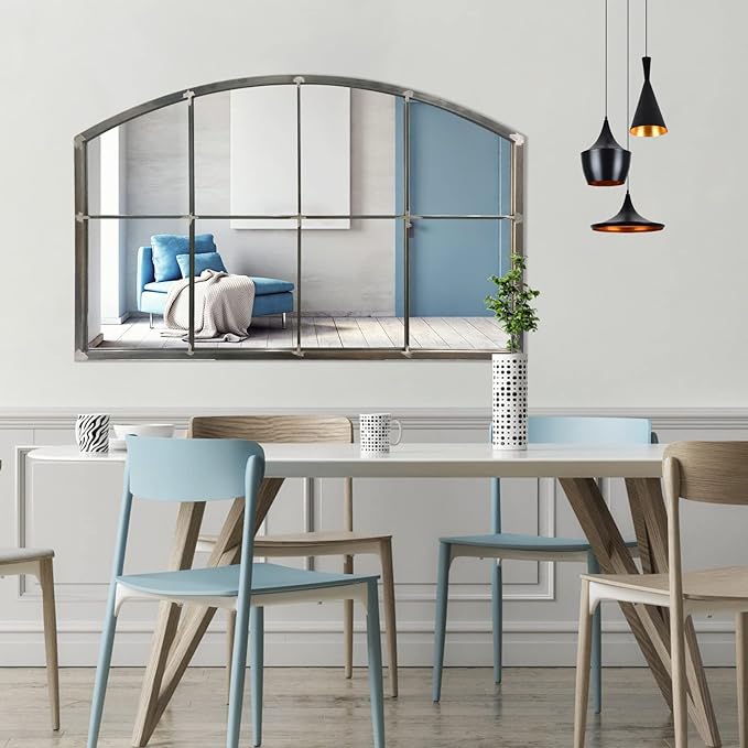 WAMIRRO Wide Window Pane Black Mirror,Farmhouse Arched Wall Mirror,Mantel Mirror for Fireplace/Entryway/Hallway/Living Room,42“X28” (Vintage Retro-Grey Wide)