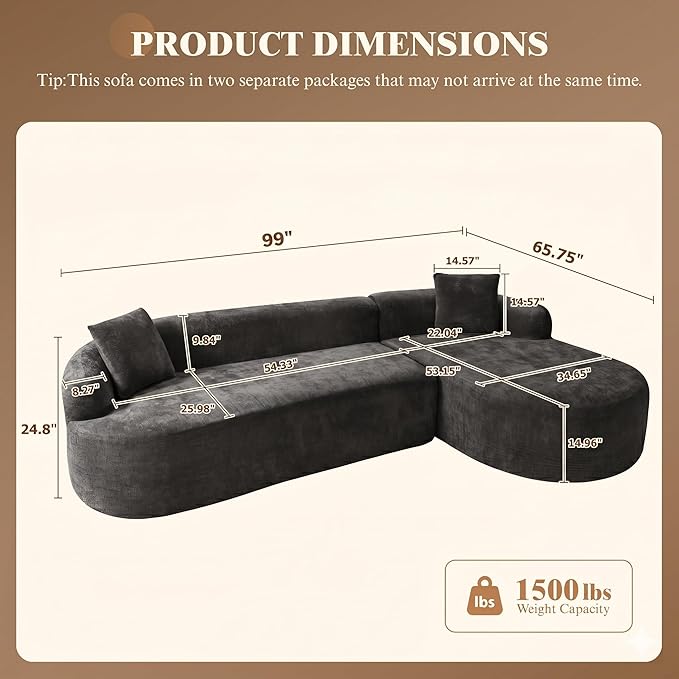 99" Curved Sectional Sofa with Chaise, Modern Boneless Couch with Deep Seat, L Shaped 3-Seater Cloud Couch for Living Room, No Assembly Needed, Chenille (Black, Right Chaise+Left Sofa)