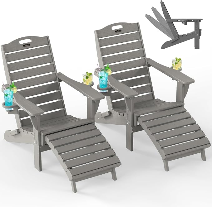 Ciokea Folding Adirondack Chair Set of 2 with Retractable Ottoman Fire Pit Patio Chair with Pull Out Foot Rest Weather Resistant Lawn Outdoor Chair with 2 Cup Holder (Gray)