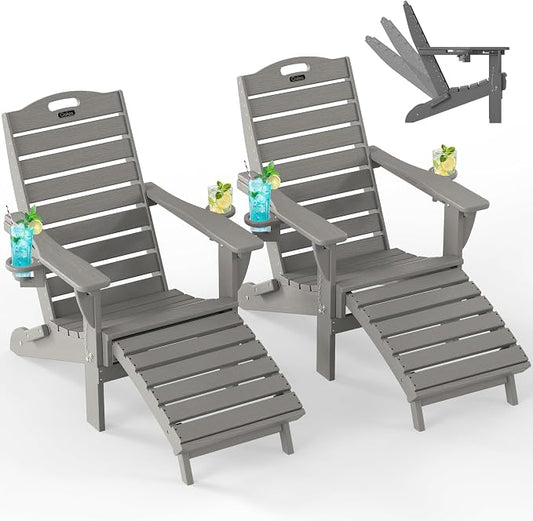 Ciokea Folding Adirondack Chair Set of 2 with Retractable Ottoman Fire Pit Patio Chair with Pull Out Foot Rest Weather Resistant Lawn Outdoor Chair with 2 Cup Holder (Gray)