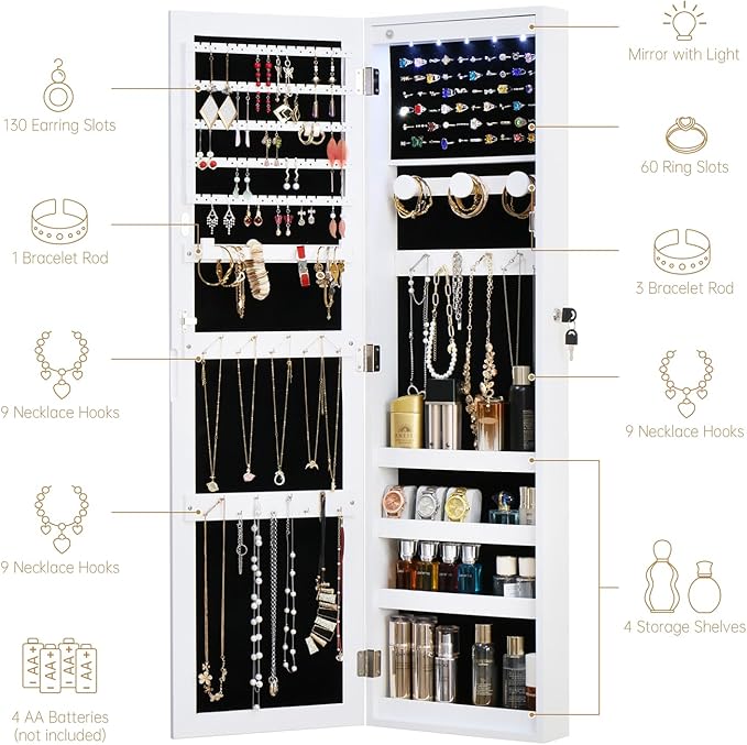 Full Length Mirror Jewelry Cabinet Organizer Lockable Door Wall-Mounted Jewelry Armoire with Shelves and Behind-the-Door Storage - White