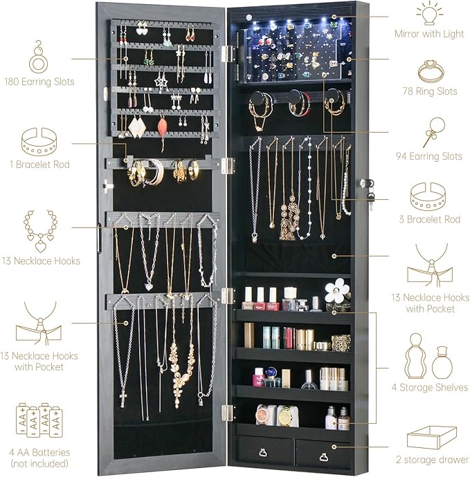 8 LED Lights Jewelry Armoire with Mirror - 47.3” H Mirror Jewelry Cabinet Door Hanging/Wall Mounted Mirror with Storage And 2 Drawers Black