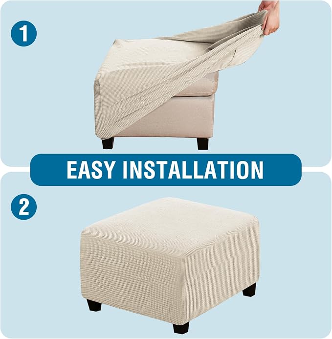 H.VERSAILTEX Square Ottoman Covers Ottoman Slipcovers Folding Storage Stool Furniture Protector Form Fit with Elastic Bottom, Stretch High Spandex Small Checks Jacquard Fabric(Large,Natural)