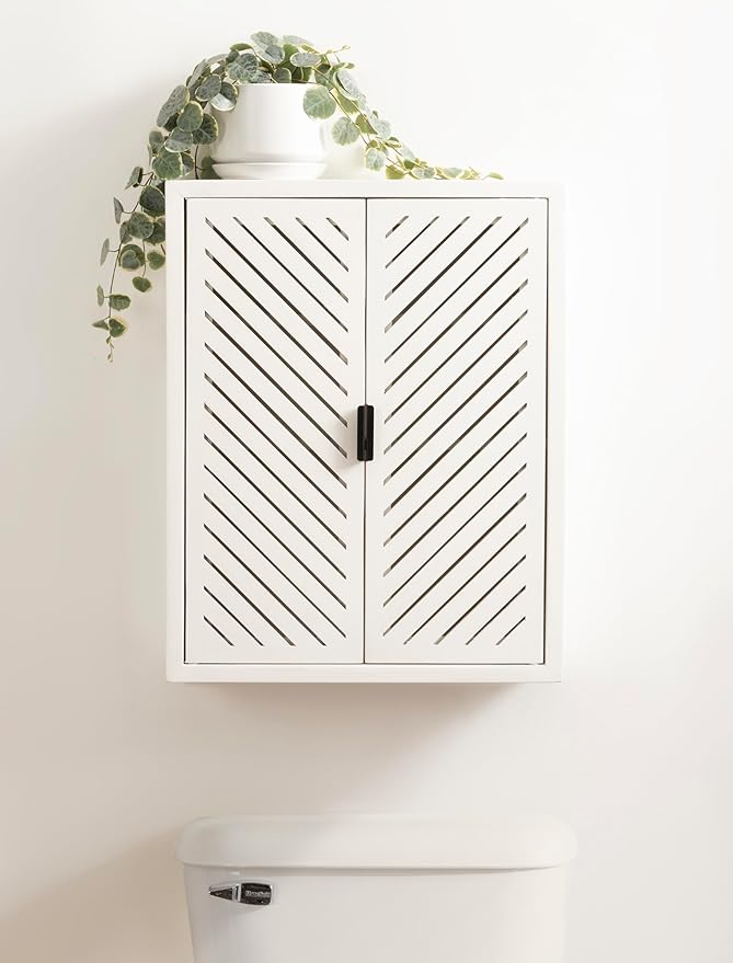 Kate and Laurel Mezzeta Decorative Coastal Two-Door Floating Bathroom Cabinet; 22 x 7 x 28; White; Decorative Over Toilet Storage Cabinet for Use as Bath Storage or Living Room Decor