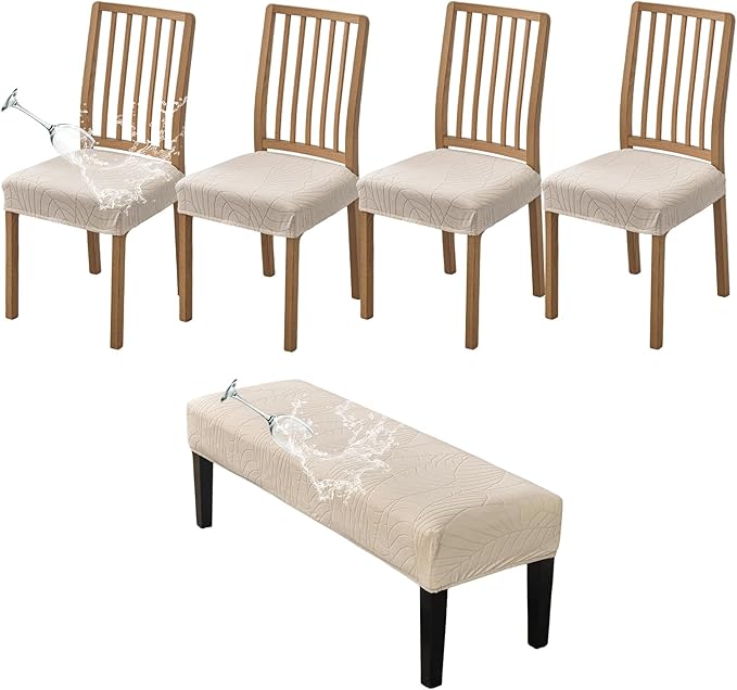 CRFATOP Waterproof Dining Room Chairs Seat Covers Set of 4 with Stretch Bench Slipcover Jacquard Kitchen Chair Slipcover Washable Seat Cushion Slipcover for Hotel Banquet Wedding Party, Beige