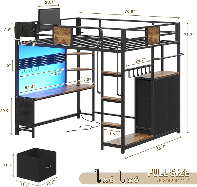 BYSAUD Loft Bed Full Size, Loft Bed with Desk, Bunk Bed with Desk, 6 Storage Drawers & 4 Open Shelves & 2 Storage Bags, LED Lights & Charging Station, Safety Guardrail, No Box Spring Needed, Brown