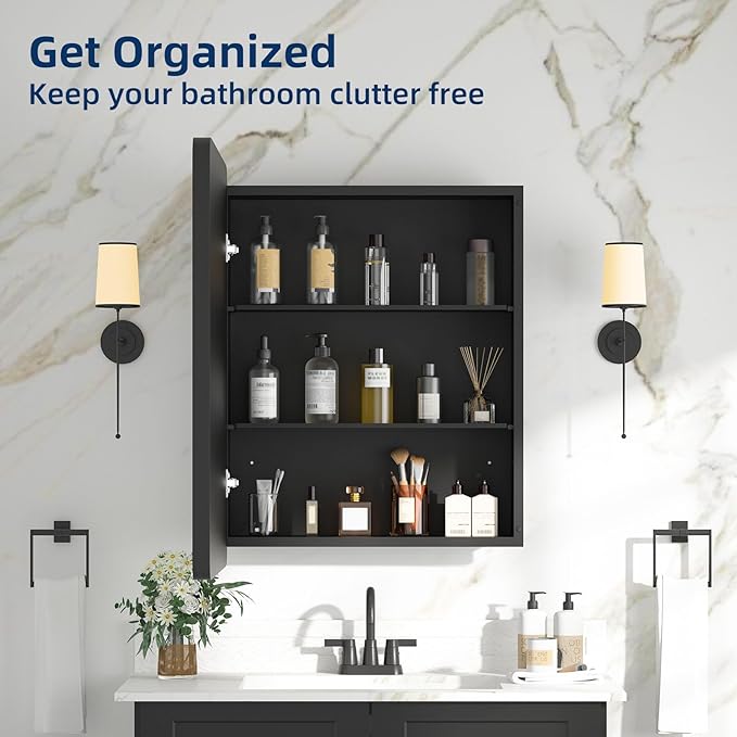 Medicine Cabinet with Mirror, 20x26 Inch Black Bathroom Mirrored Cabinet, Metal Framed Wall Cabinet with Beveled Mirror, Modern Surface Mount or Recessed Medicine Cabinet with Storage