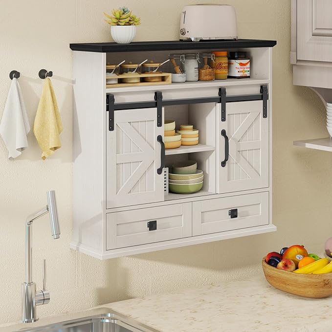Vabches Bathroom Wall Cabinet, Farmhouse Medicine Cabinet with Double Sliding Barn Door and Storage Drawer, Wooden Vintage Storage Cabinet Wall Mounted for Bathroom, Kitchen, Rustic White and Black
