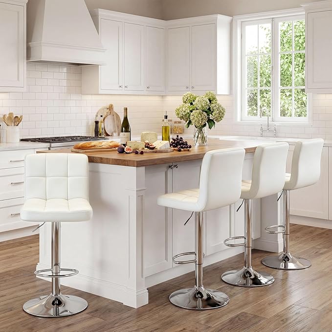 DUMOS Bar Stools Set of 2, 24 inch Counter Height Bar Stools, Upholstered Modern Kitchen Barstools with Metal Base, PU Leather Saddle Stools for Kitchen Island, Snowy White