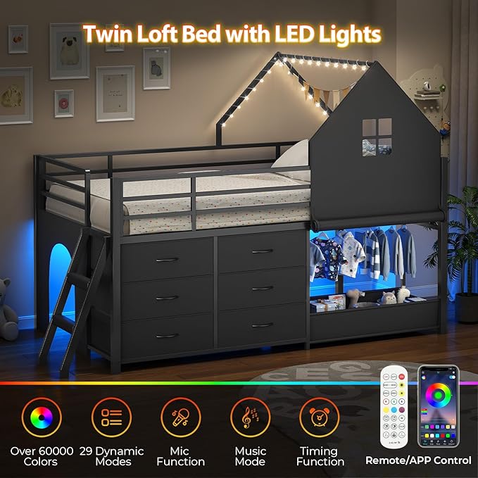 UPOSOJA Twin - Low Loft Bed with Kids Clothing Rack, Kids Loft Bed, Loft Bed with Tent, Toy Storage Box, Safety Guardrail, LED Light, Under-Hide and Seek Bed Play Space (Black)