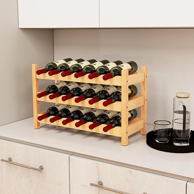 COSTWAY 3-Tier Bamboo Wine Rack, 18-Bottle Tabletop Wine Holder with Wave Slot, Freestanding Countertop Wine Bottle Organizer for Kitchen, Pantry, Pub & Wine Cellar, Natural (24.5L x 9.5W x 15H)