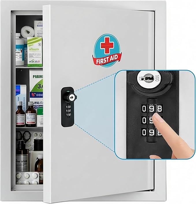 Wall Mounted Metal Medicine Cabinet with Key Lock, First Aid Medication Storage Box, White