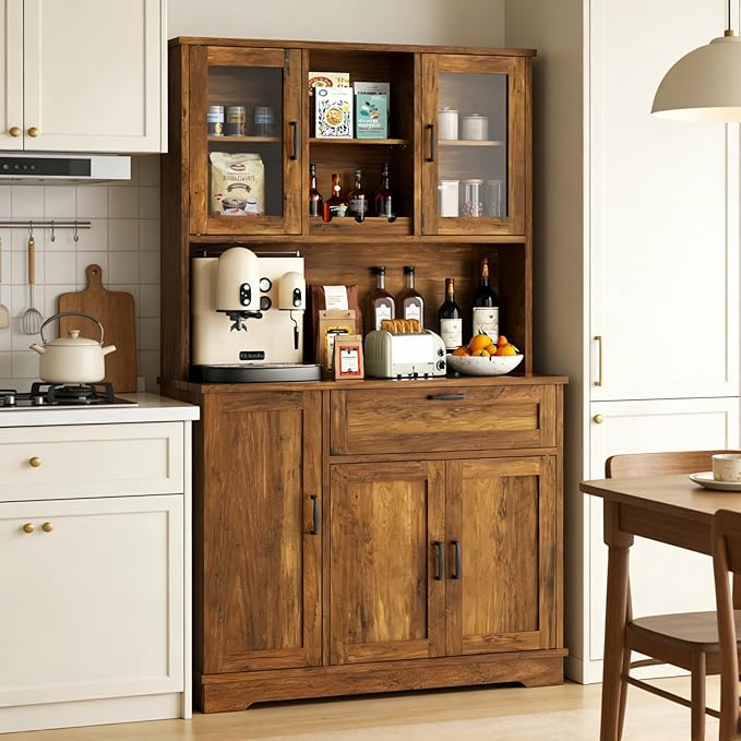 Vongrasig Farmhouse Tall Pantry Cabinet with Acrylic Doors, Large Kitchen Hutch Storage Cabinet for Dining Room, Food Pantry Organization, Microwave Stand, Rustic Brown