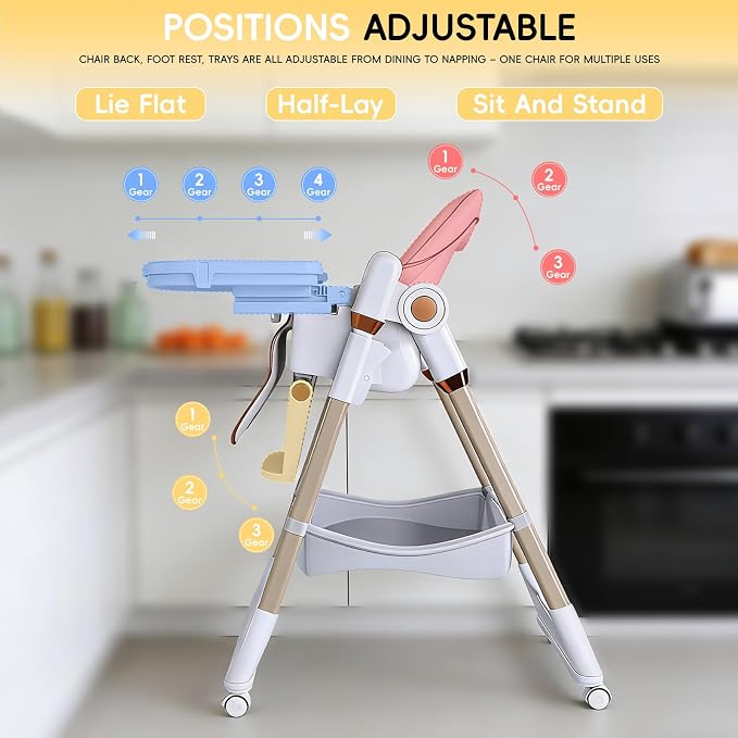 Foldable Baby High Chair with 150° Swing & Recline,Convertible High Chairs for Babies and Toddlers,5 Height Levels,3 Backrest & Footrest Positions,Removable Double Tray,Lockable Wheels (Pink)