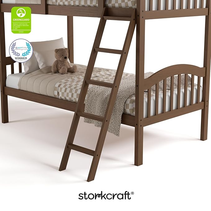 Storkcraft Long Horn Twin-Over-Twin Bunk Bed (Hazelnut) - GREENGUARD Gold Certified, Converts to Two Twin Beds, Wood Bunk Bed for Kids Bedroom