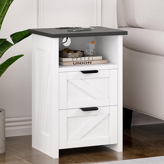 Farmhouse Night Stand Set of 2 with Charging Station, Bedside Table w/2 Drawers & Storage, Rustic End Tables for Bedroom, Living Room, Small Spaces, Home Office, White