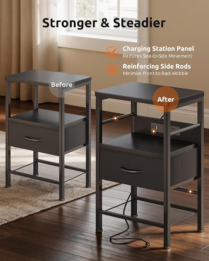 Lazzanto Nightstands Set of 2 with Charging Station, Bedside Tables with Open Shelf & Hooks, End Tables with USB-C USB-A Ports AC Outlets, Night Stand for Bedroom with Fabric Drawer, Black