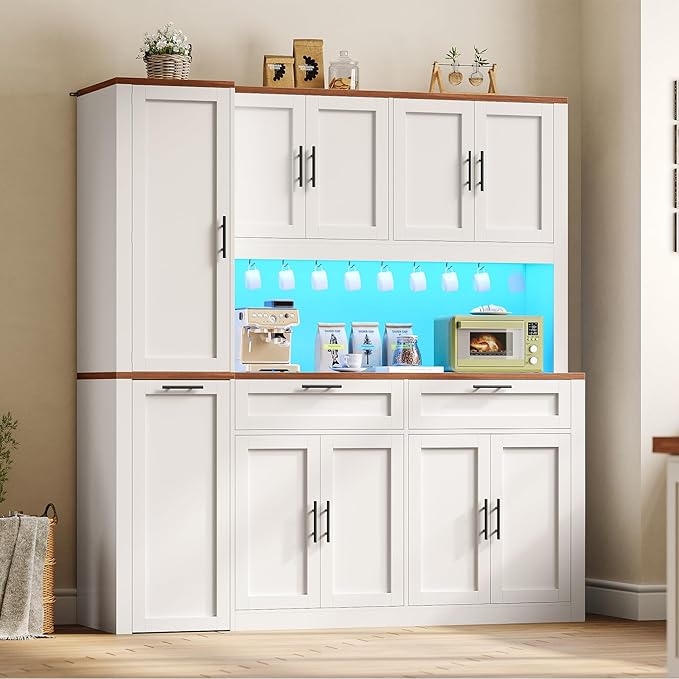 Itaar 71" Kitchen Pantry Cabinet with Charging Station and Led Light, Kitchen Storage Cabinets with Microwave Stand, 59" Wide Pantry Storage Cabinet with Storage Cart 3 Tier for Dining Room, White