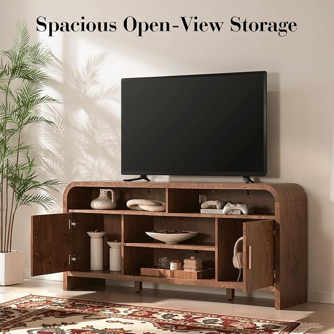 Entertainment Center for Living Room, Curved TV Stand with 3 Adjustable Shelves [FSC-Certified Wooden Board] Modern Media Console for TVs up to 65'', Farmhouse Storage Cabinet