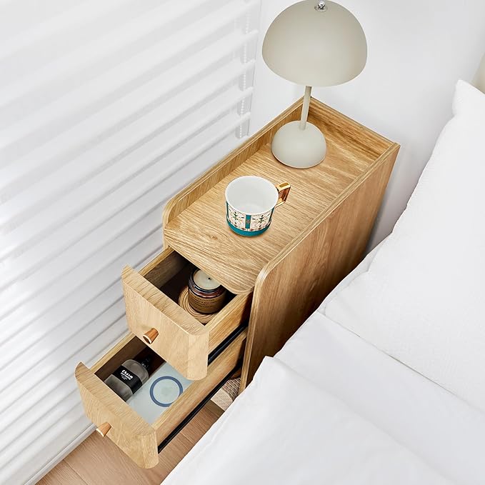 Narrow End Table Bedroom, Wooden Small 2 Drawer Nightstand, Thin Couch Side End Table, Skinny Bedside Table Small Spaces, Mid Century Modern Night Stand with Drawers (Natural-1 pc)