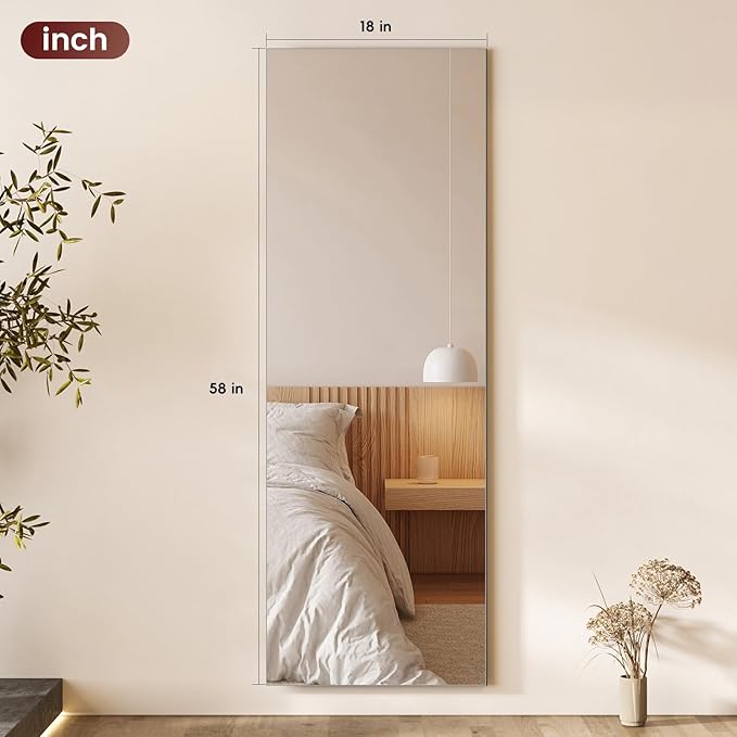 Kosmonia 58x18 Frameless Full Length Silver Coating Mirror w/Distortion Free, HD Reflection &Anti Desilvering, Tempered Glass, Easy Setup w/Stand, Wall/Standing