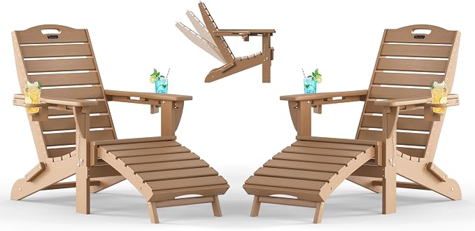 Adjustable Adirondack Chairs Set of 2 with Retractable Ottoman, HDPE Folding Adirondack Chair with Cup Holders, Weather Resistant for Backyard, Poolside & Fire Pit (Teak)