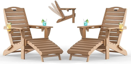 Adjustable Adirondack Chairs Set of 2 with Retractable Ottoman, HDPE Folding Adirondack Chair with Cup Holders, Weather Resistant for Backyard, Poolside & Fire Pit (Teak)