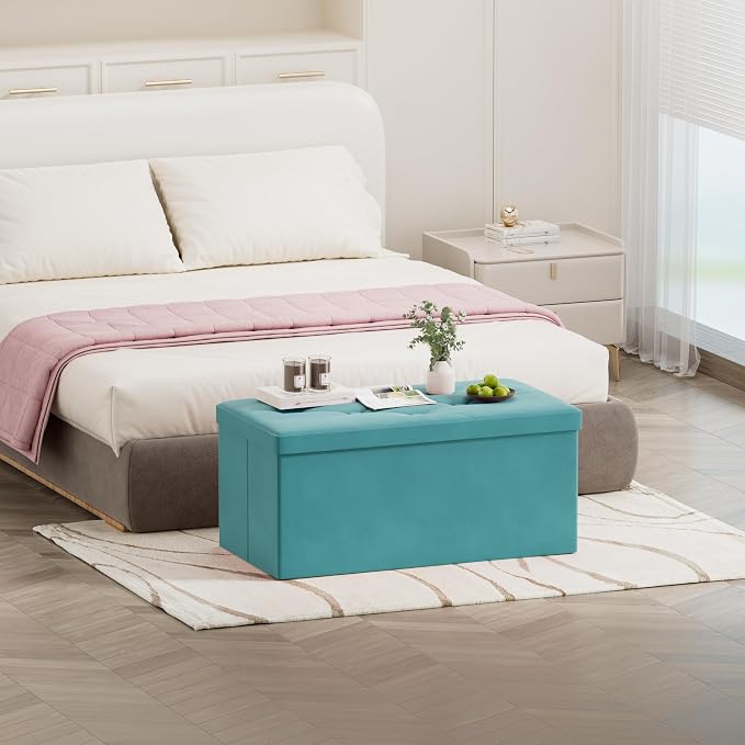 BRIAN & DANY Folding Storage Ottoman Bench, Ottoman with Storage, Foot Rest, Benches Seat for Bedroom, Living Room, Entryway, Long Shoes Bench, 15.7" x 31.5" x 15.7" Teal