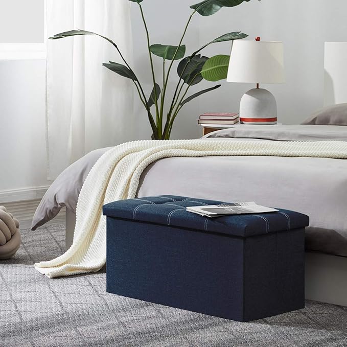 YOUDENOVA 30 Inch Storage Ottoman, Folding Ottoman with Storage, Linen Storage Ottoman Bench Supports Up to 350 lbs, Footrest Seat for Living Room, Bedroom, Blue