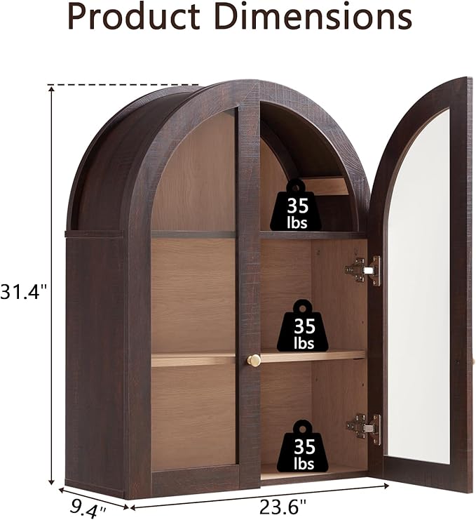 Bathroom Arched Wall Cabinet,23.5'' Wide Medicine Cabinet, Bathroom Cabinet Wall Mount W/Glass Doors & Adjustable Shelves, Over The Toilet Storage Cabinet for Laundry Room, Bedroom,Kitchen, Brown