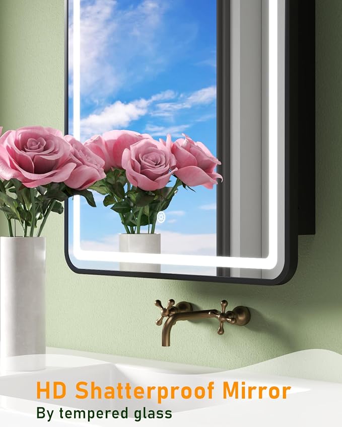 16x24 Inch LED Medicine Cabinet Mirror for Bathroom, Wall Mounted or Recessed Medicine Cabinet with Lights and Mirror, Full Metal, Stable & Removable 2 Shelves, Dimmable 3 Lighting Colors, Black