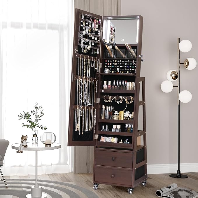 Rotating Standing Jewelry Cabinet with Lockable,Full Length Mirror with Storage Large Capacity Jewelry Organizer Armoire Floor Mirror with Back Storage Shelves for Bedroom Brown
