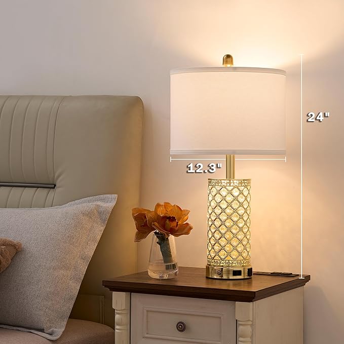 SAIWEYA Crystal Table Lamp Set of 2-24in Gold Bedroom Lamps 3-Way Dimmable Touch Lamp with Night Light, 2 USB Ports + AC Outlet Bedside Night Stand Lamp for Living Room (Gold-2 Pack 24In)