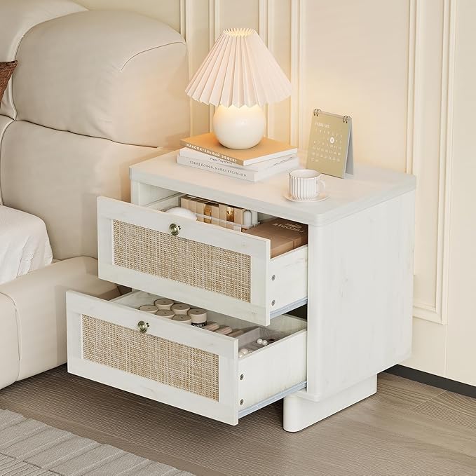 LAZZO White Nightstands Set of 2, Mid Century Modern Night Stand with 2 Rattan Drawers, Bedroom End Tables