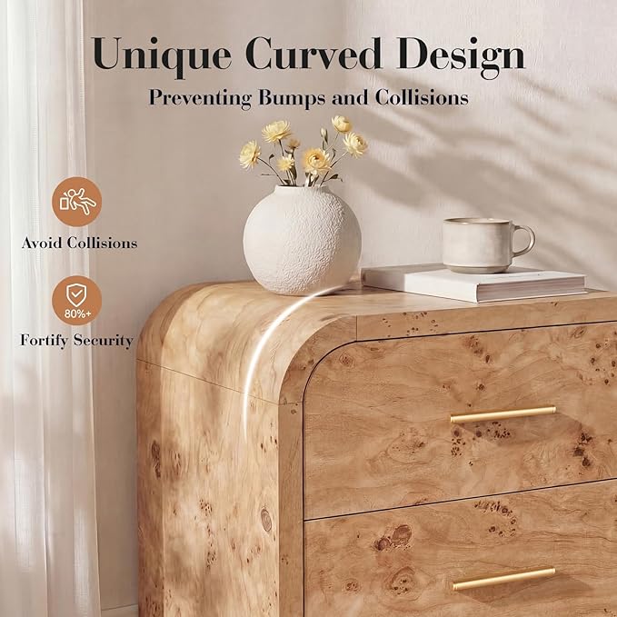 Night Stand Set of 2 [Unique Curved Profile] [FSC-Certified Wooden Board] 3-Drawer Nightstand 24" H Metal Handle Modern Bedside Table
