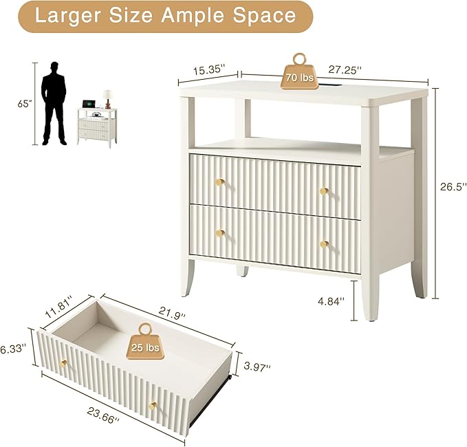 Fluted Nightstand with Charging Station, 27.3" Wide Modern Bedside Table with 2 Drawers & Open Shelf, Large Wood End Table with Storage & Metal Handle for Bedroom, Living Room, Cream White
