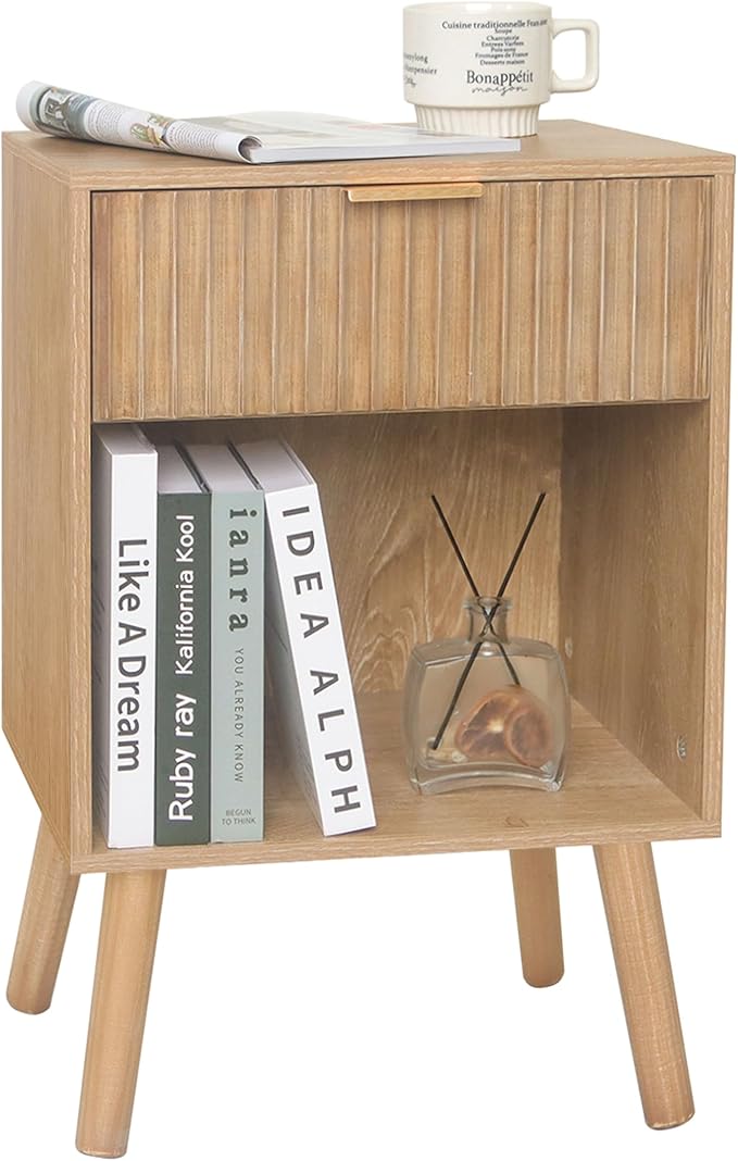 Fultyle Night Stand with Drawer, Mid Century Nightstand with Storage, Modern Fluted Bedside Table Bedroom Living Room for Small Space, Office (Rustic Walnut)